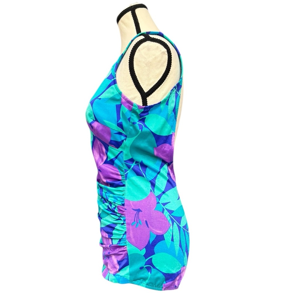 Vintage 70s Maxine of Hollywood Blue Purple Floral One-Piece Swimsuit size 14 - Picture 4 of 16